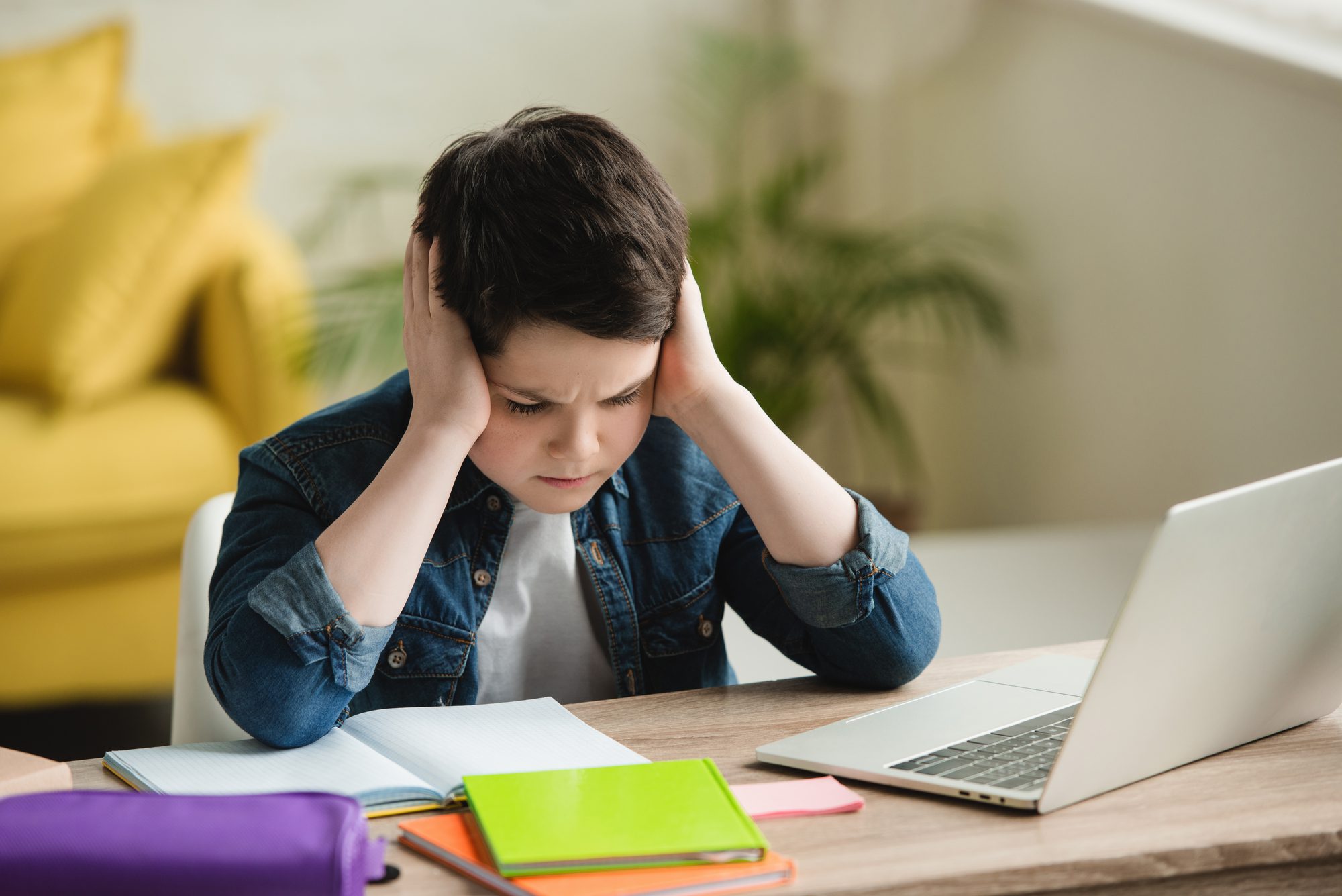 young boy sitting at desk with laptop, notecards, and book